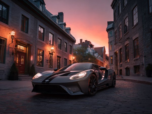 Серый Ford GT на мощёной улице: наследие и скорость в сумеречном свете. Картинка из нейросети Midjourney
