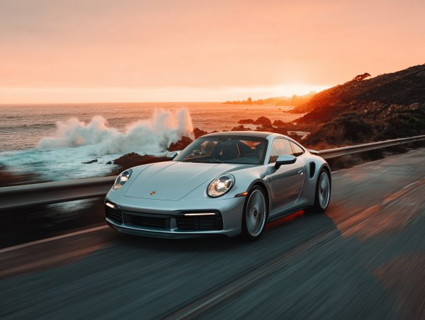 Серебряный Porsche 911: Скорость и красота прибрежной дороги на закате. Нейронная сеть Midjourney