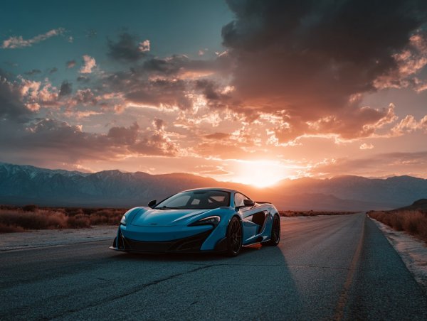 Закат над пустынной трассой: глубокий синий McLaren и безграничная свобода. Изображение из нейросети Миджорни