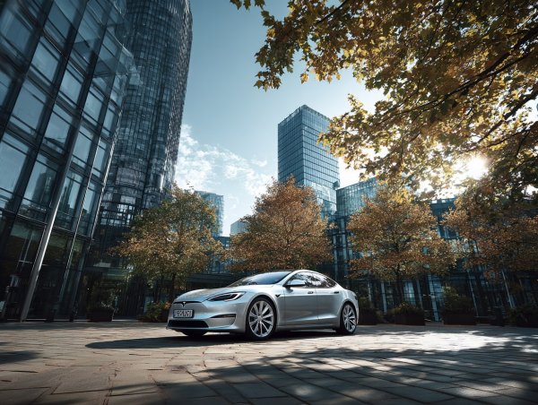 Элегантность Tesla Model S в осеннем городе: инновации и роскошь. Генерация из нейросети Миджорни