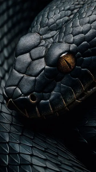 Зачарованный взгляд черной змеи в стиле dark fantasy с ультравысокой детализацией. Нейронная сеть Midjourney