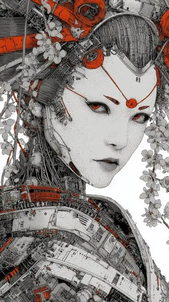 Киборг гейша: черное и белое искусство из металла и технологий. Нейросеть Midjourney