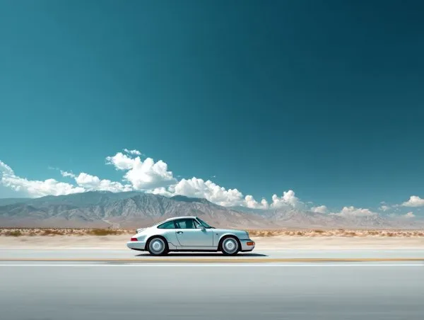 Серебристый Porsche 911: свобода скорости на пустынной трассе. Изображение из нейронной сети Миджорни