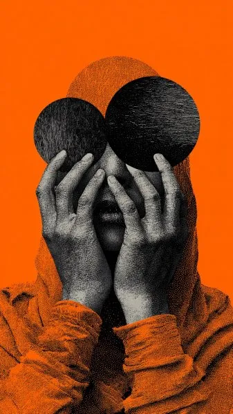 Загадочный взгляд сквозь круги: монохромная драма на оранжевом фоне. Генерация из нейросети Миджорни