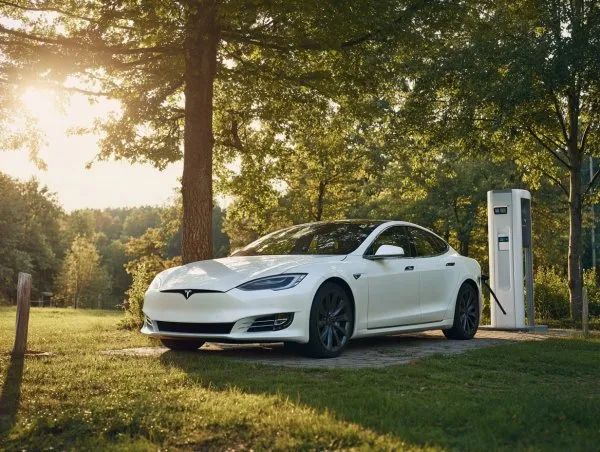 Белый Tesla Model S: Зарядка в гармонии с природой и будущим технологичным дизайном. Изображение из нейронной сети Midjourney