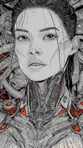 Кибернетическая красота: сюрреалистичный портрет футуристичной женщины в черном и белом цвете. Картинка из нейронной сети Midjourney