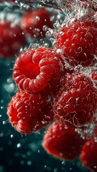 Яркие краски малины в воде: фотореалистичный шедевр свежих ягод и сочных текстур в высоком разрешении. Картинка из нейросети Миджорни