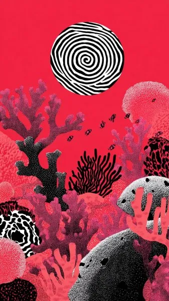Сюрреалистичная иллюстрация: тайна красных и розовых оттенков в черно-белом круге. Генерация из нейросети Midjourney