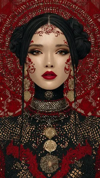 Загадочная красота: маска тайны в алом и черном. Картинка из нейронной сети Миджорни