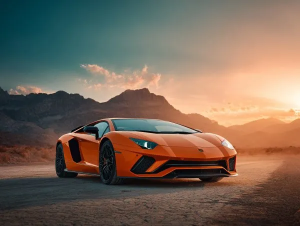 Оранжевый Lamborghini Aventador: роскошь и приключения на фоне пустыни под закатным солнцем. Генерация из нейронной сети Midjourney