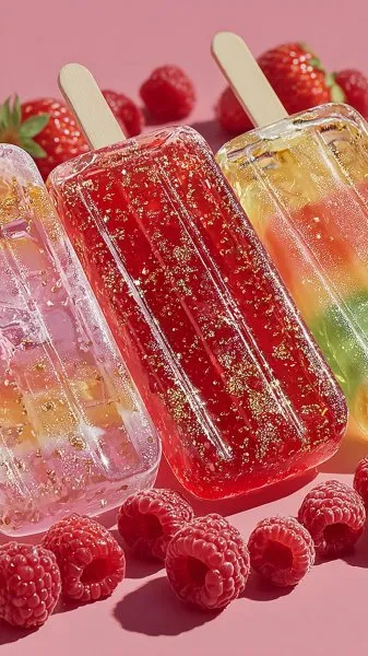 Яркие фруктовые конфеты: разноцветный десерт с золотым блеском и малиной. Генерация из нейронной сети Midjourney
