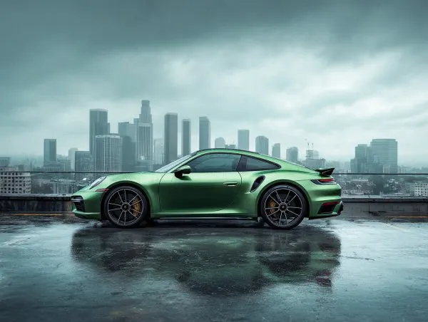 Зеленый Porsche на крыше: панорама города и стильный силуэт автомобиля. Нейронная сеть Midjourney