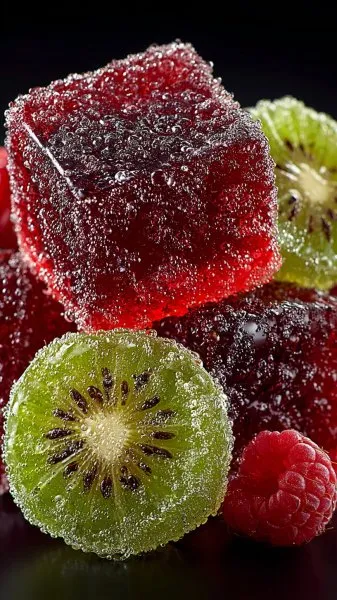 Яркие мармеладные фрукты: сочный десерт с лимонами и киви в деталях. Изображение из нейронной сети Midjourney
