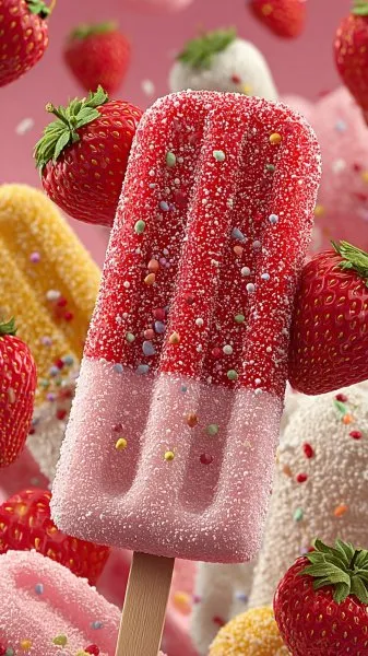 Яркий фон: леденцы и клубничный блеск в стиле Candy Crush. Изображение из нейросети Midjourney