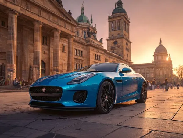 Ягуар F-Type: элегантность в объятиях городской классики и золотого света. Нейросеть Midjourney