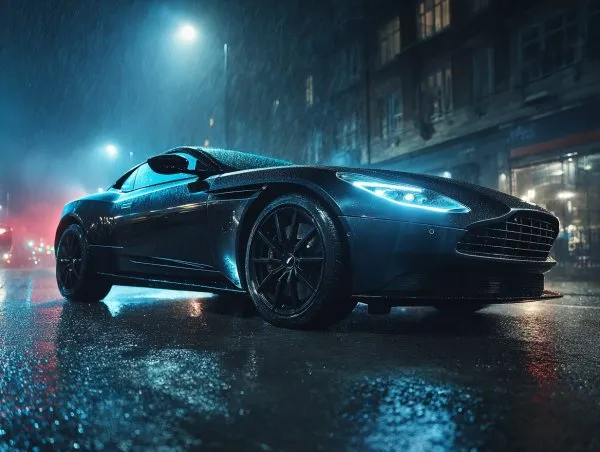 Черный Астон Мартин DB11: роскошь под дождем и таинственная атмосфера большого города. Картинка из нейросети Миджорни