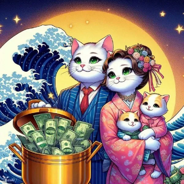 Кошачья семья: Звёздное небо, шоколад и денежная заначка. Генерация из нейронной сети Dalle