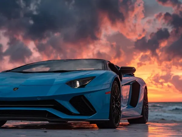 Синий Lamborghini на побережье: роскошь и приключения под закатным небом. Изображение из нейронной сети Midjourney
