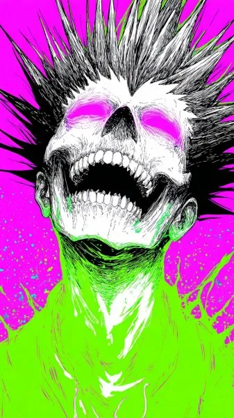 Неоновый монстр: череп из будущего в стиле аниме Death Note. Изображение из нейронной сети Миджорни