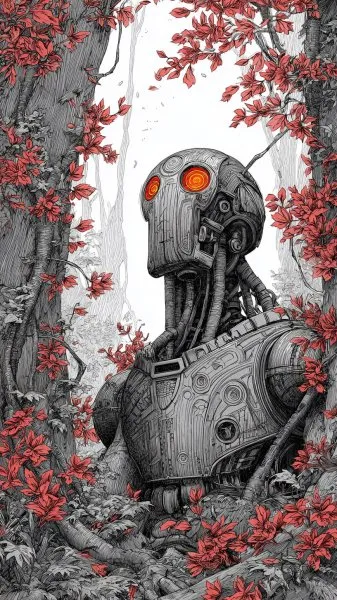 Кибернетический воин: племенные узоры и мрачное будущее в чернилах. Картинка из нейросети Миджорни