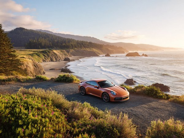 Закат над океаном: Porsche в золотом свете на скале. Изображение из нейронной сети Миджорни