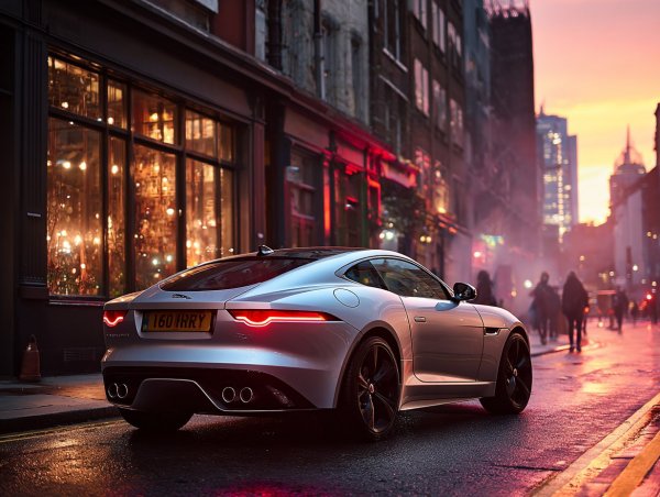 Сумеречный Jaguar F-Type: Городской Стиль и Силуэт в Неоновом Свете. Нейронная сеть Миджорни