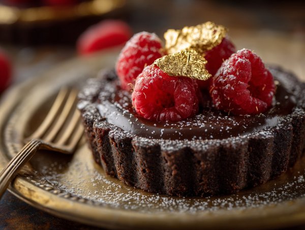 Изысканный шоколадный тарт: роскошь вкуса и золотые акценты на мраморном фоне. Изображение из нейросети Midjourney