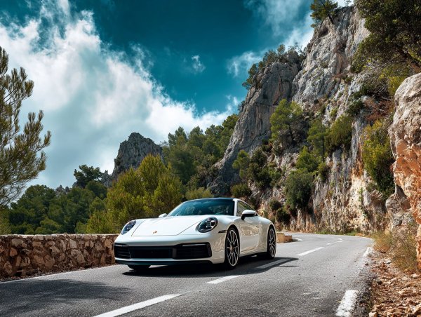 Белый Porsche 911: свобода и приключения на горных дорогах. Генерация из нейросети Миджорни