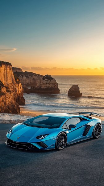 Яркий Lamborghini Huracán на фоне океанского заката: совершенство стиля и скорости. Нейронная сеть Миджорни