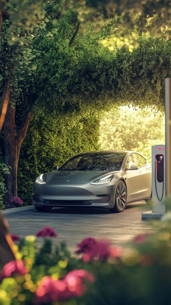 Электромобиль Tesla Model S: элегантность в окружении зелени и футуристический дизайн. Нейронная сеть Midjourney