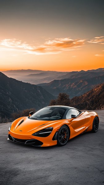 Оранжевый Макларен 720S на фоне горных пейзажей в лучах заката. Изображение из нейронной сети Midjourney