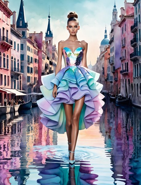 Отражения в неоновом городе: сюрреалистичная мода от Giambattista Valli. Картинка из нейросети Stable Diffusion