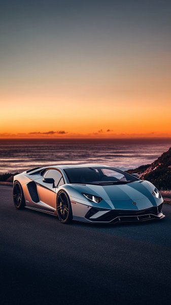 Закат над океаном: серебряный Lamborghini на прибрежной дороге. Изображение из нейросети Midjourney