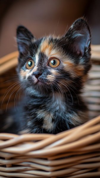Игривый котенок черепаховый цвет: взгляд из корзинки. Генерация из нейросети Midjourney