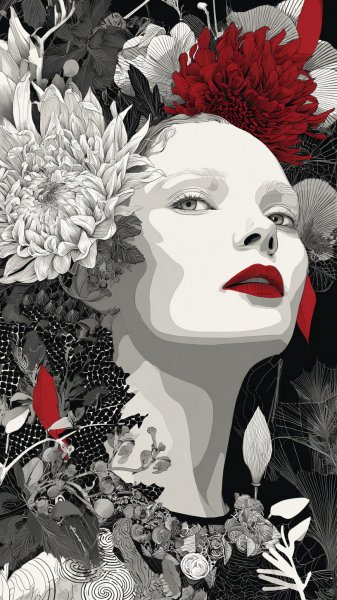 Лицо в узорах: танец черного, белого и алого цвета. Генерация из нейронной сети Midjourney