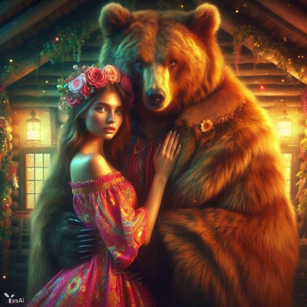 Нежная встреча в волшебном лесу: Маша и медведь-любовник. Картинка из нейросети Dalle