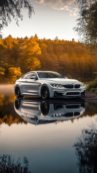 Белая жемчужина BMW M4 на рассвете у озера: отражение совершенства и спокойствия. Картинка из нейросети Миджорни