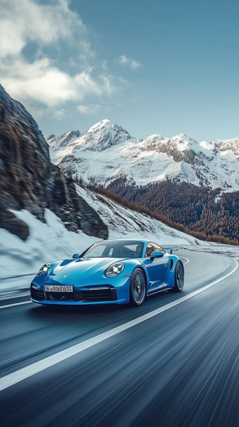 Порше 911 Turbo S: Скорость в Альпах, захватывающий пейзаж и динамика движения. Генерация из нейросети Midjourney