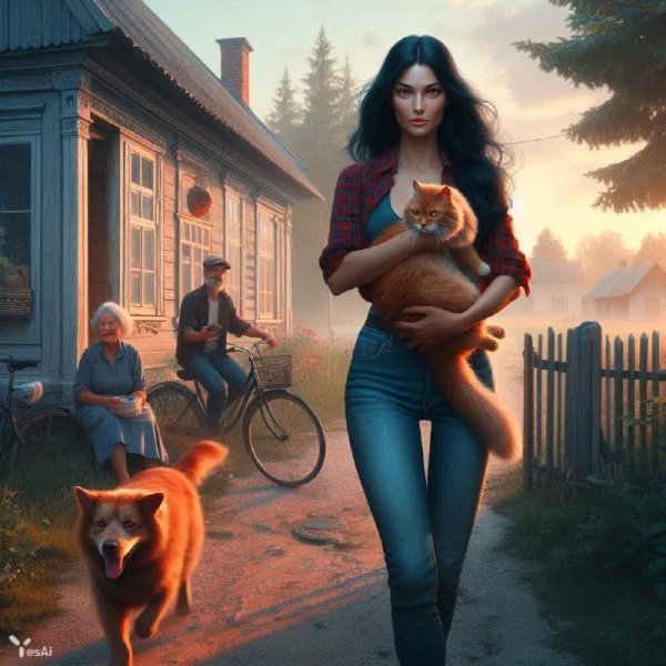 Деревенская идиллия: женщина, кот и верный пес. Изображение из нейросети Dalle-3