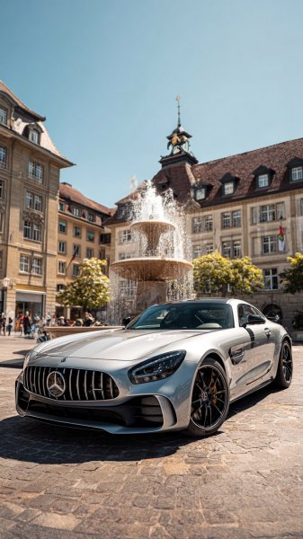Серебристый Mercedes-AMG GT в сердце города: современный спорт и история вокруг. Картинка из нейросети Midjourney
