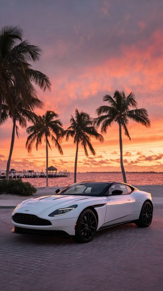 Элегантный Aston Martin DB11 на фоне океанского заката: роскошь и спокойствие. Картинка из нейронной сети Миджорни