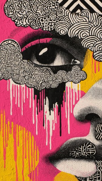 Лицо в облаках: динамичная абстракция с яркими акцентами и графикой. Картинка из нейронной сети Миджорни