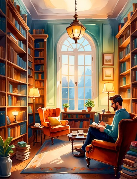 Уютная библиотека: мир книг и вдохновения для читателей. Изображение из нейронной сети Stable Diffusion