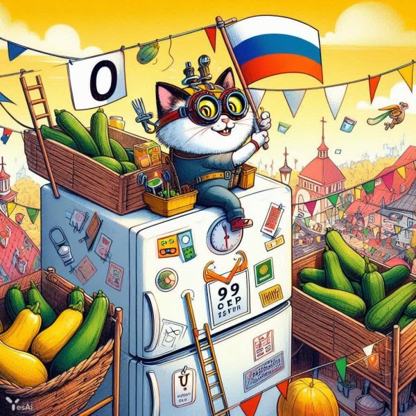Кот-альпинист: цуккини, хохлома и проверка зрения на вершине холодильника. Изображение из нейросети Dalle