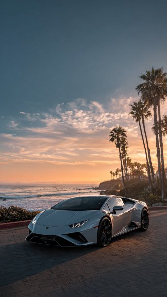 Серебристый Lamborghini на побережье: роскошь и закат над океаном. Нейронная сеть Midjourney