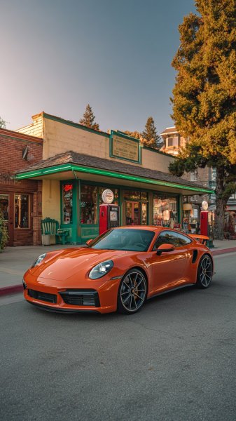 Оранжевый Porsche 911 у винтажной заправки: ностальгия и роскошь американского классического стиля. Генерация из нейросети Midjourney