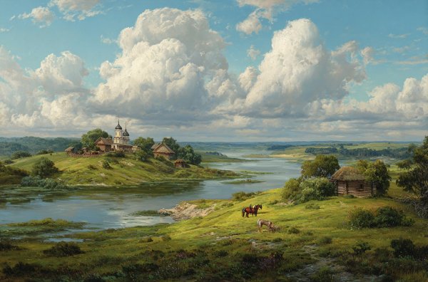 Русская идиллия: церковь, холмы и семейное счастье у реки. Изображение из нейронной сети Миджорни