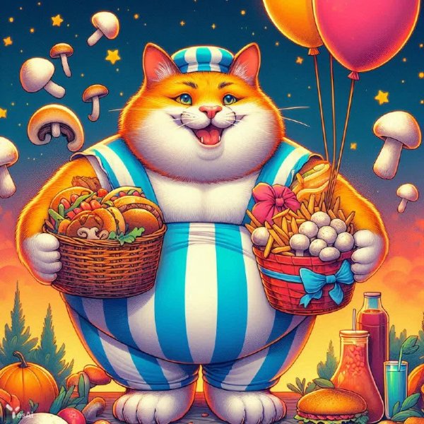 Кот-грибник и воздушный шар над фастфудом: сказочная книжная иллюстрация. Нейросеть Dalle 3