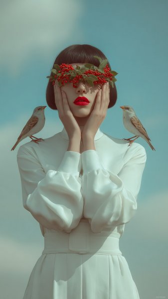 Женщина и птицы: мечтательное изображение в цифровом искусстве. Картинка из нейросети Миджорни