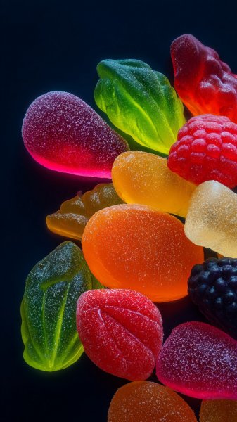 Яркие мармеладные конфеты: сочные фрукты и игривые текстуры на чёрном фоне. Картинка из нейронной сети Midjourney